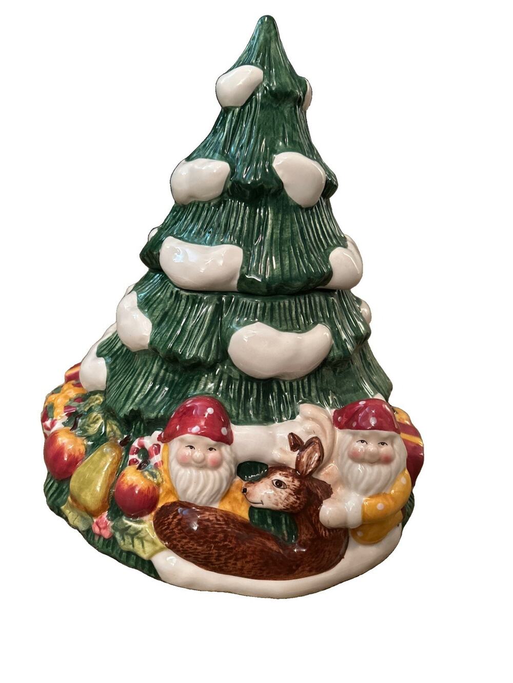 Vtg Christmas Tree Cookie Jar Gnome Deer Ceramic Presents Snow 11” Elements - Picture 1 of 7